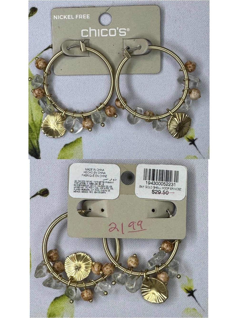 Chico's Gold Hoop Earrings with Beige Marbled and Clear Beads